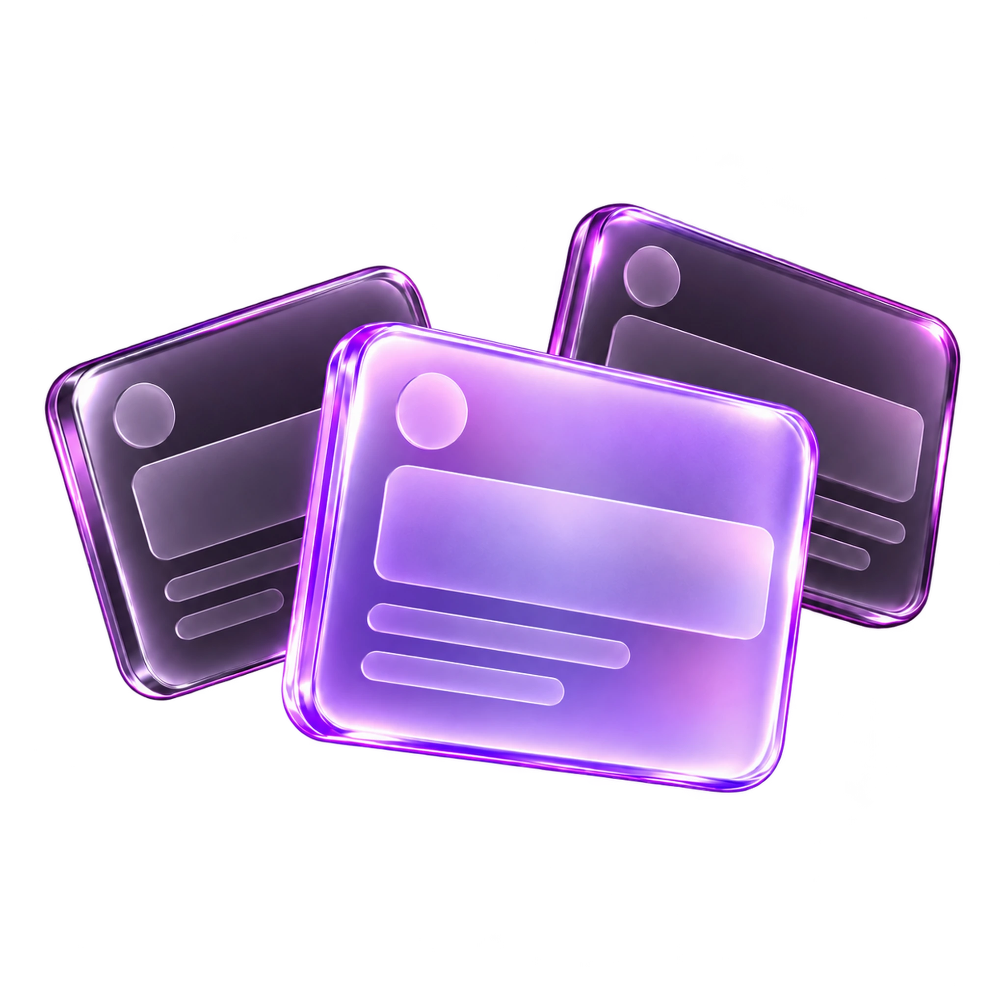Three sculpted violet glass ad cards